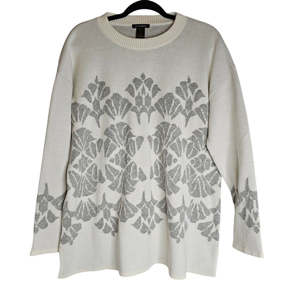 Stella Carakasi L/XL Ivory Gray‎ floral Cashmere Blend Sweater. Round neck. Warm